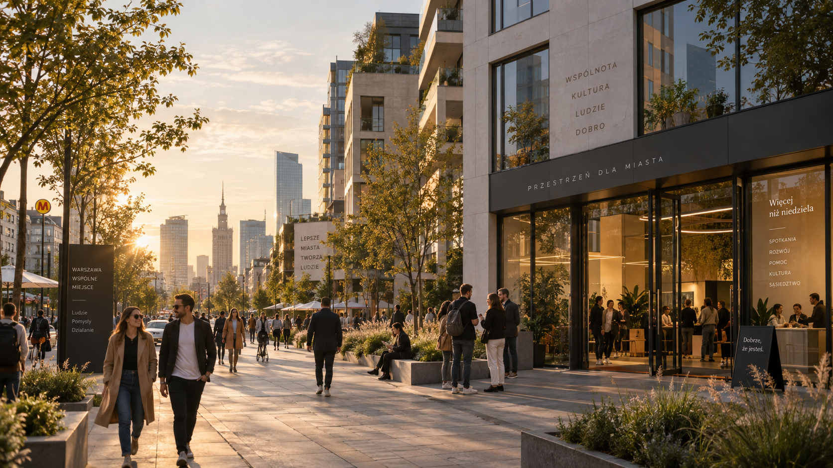 Conceptual image of a lively Warsaw street and community space