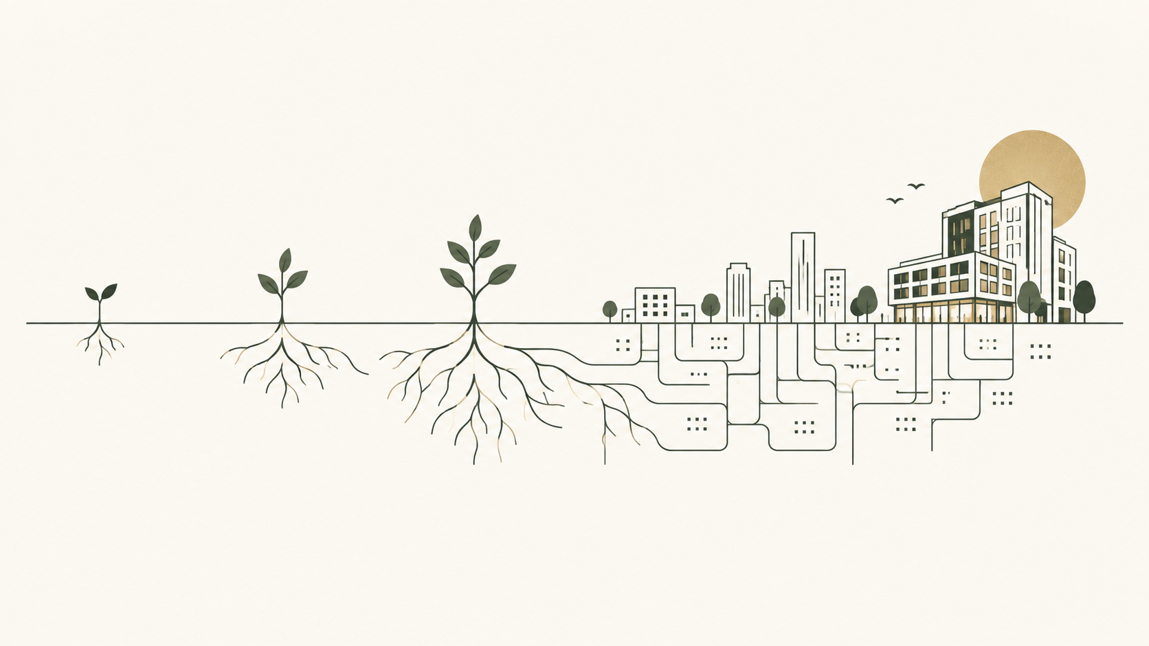 Illustration of roots growing into a city and a lasting building