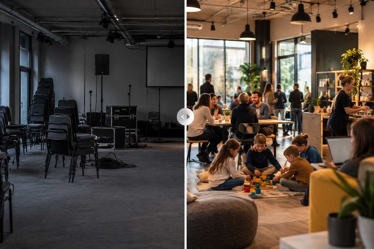 Conceptual comparison of a temporary rented hall and a permanent active community space